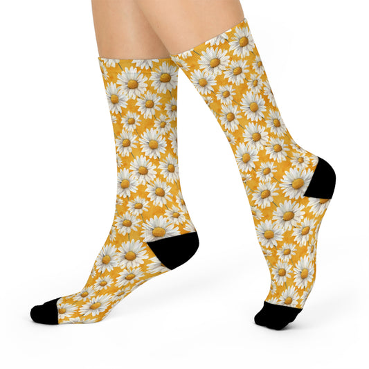 Golden Daisy Field with Vibrant Yellow Floral Design Cushioned Crew Socks