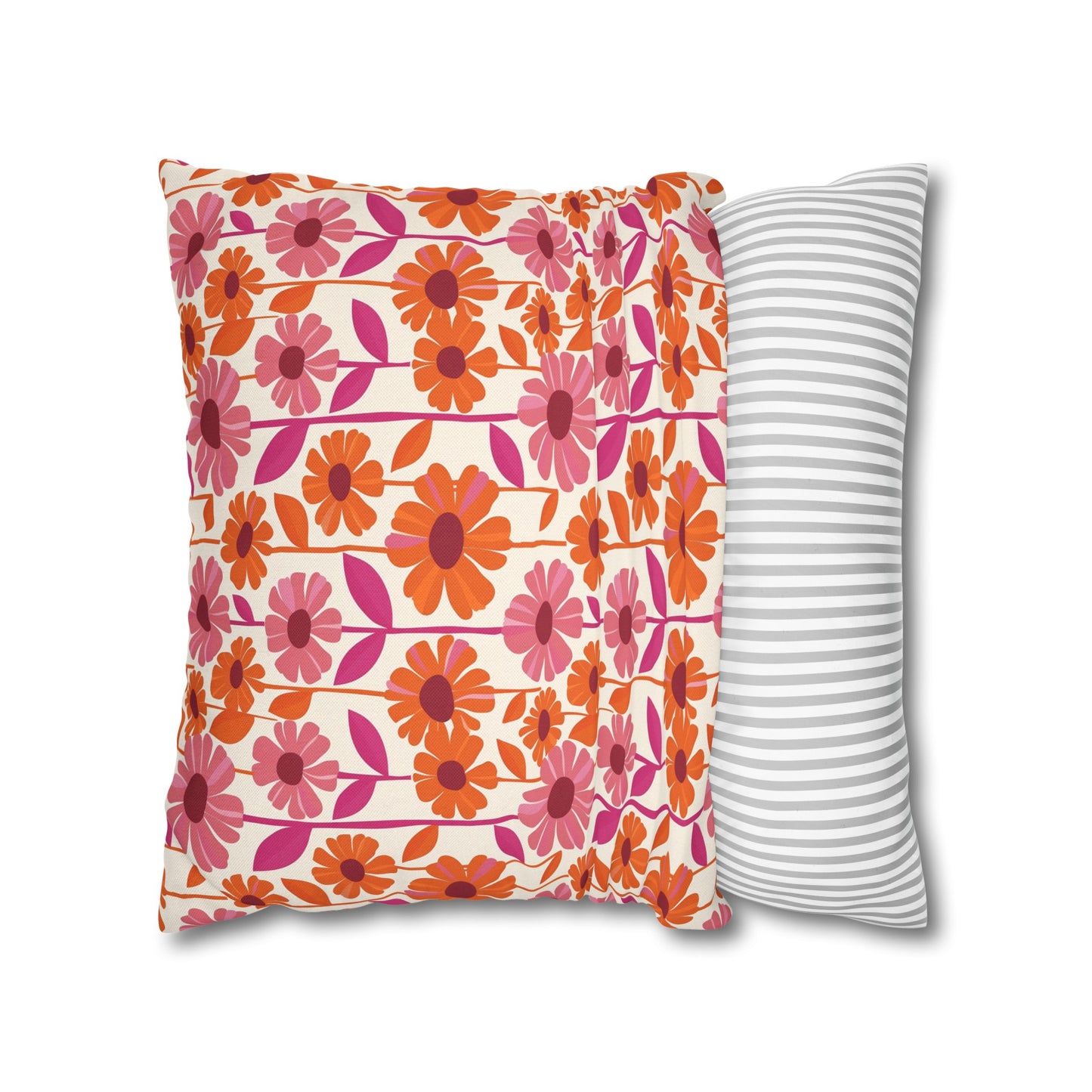 Retro Floral Bliss with Bold Pink and Orange Flower Design Spun Polyester Square Pillowcase 4 Sizes