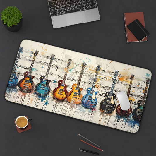 Harmonious Diversity: Array of Electric Guitars in Multicolors Resting on Sheet Music  Desk Mat Extended Gaming Mouse Pad - 3 Sizes