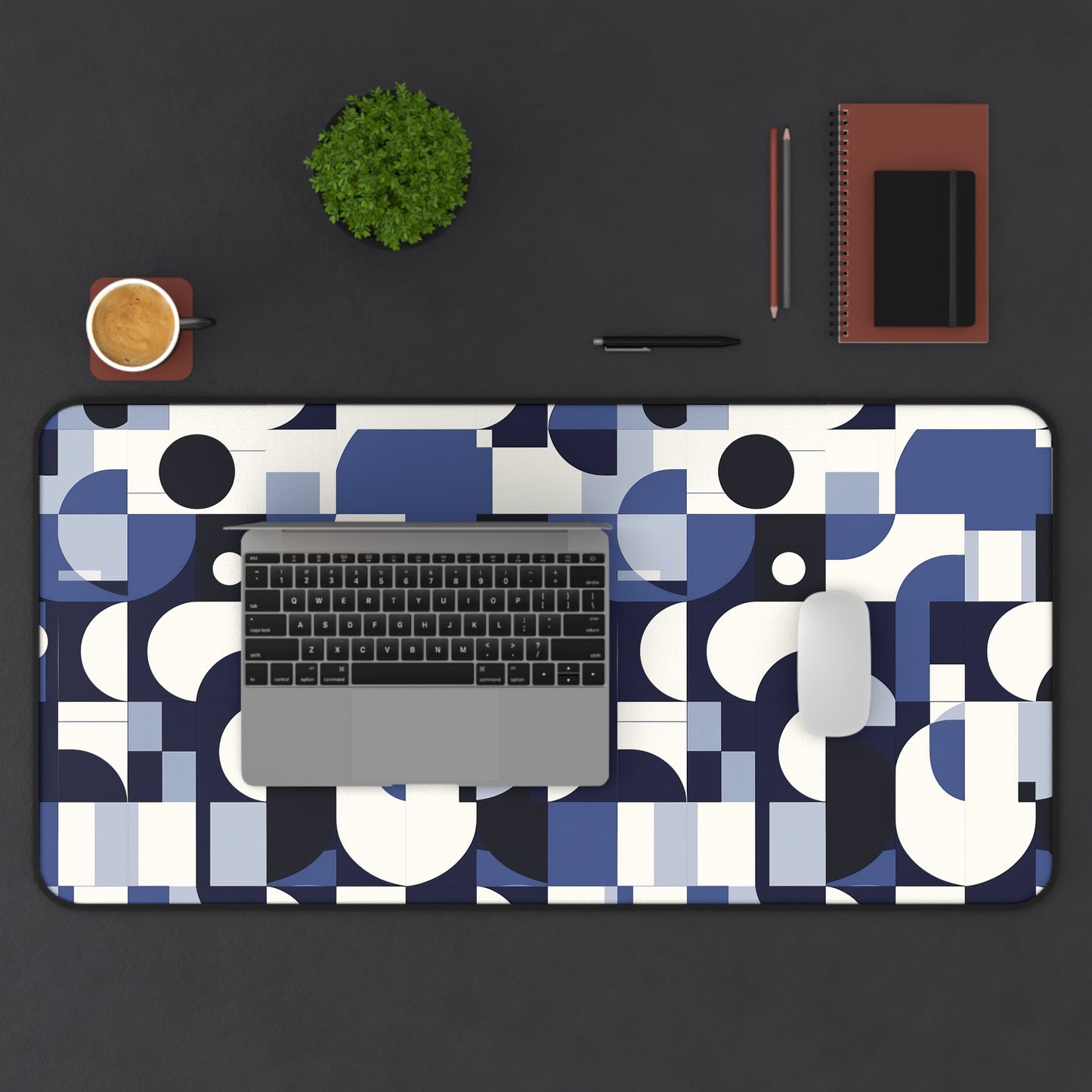 Navy Blue and White Mid-Century Modern Design Extended Gaming Mouse Pad  Desk Mat  - 3 Sizes