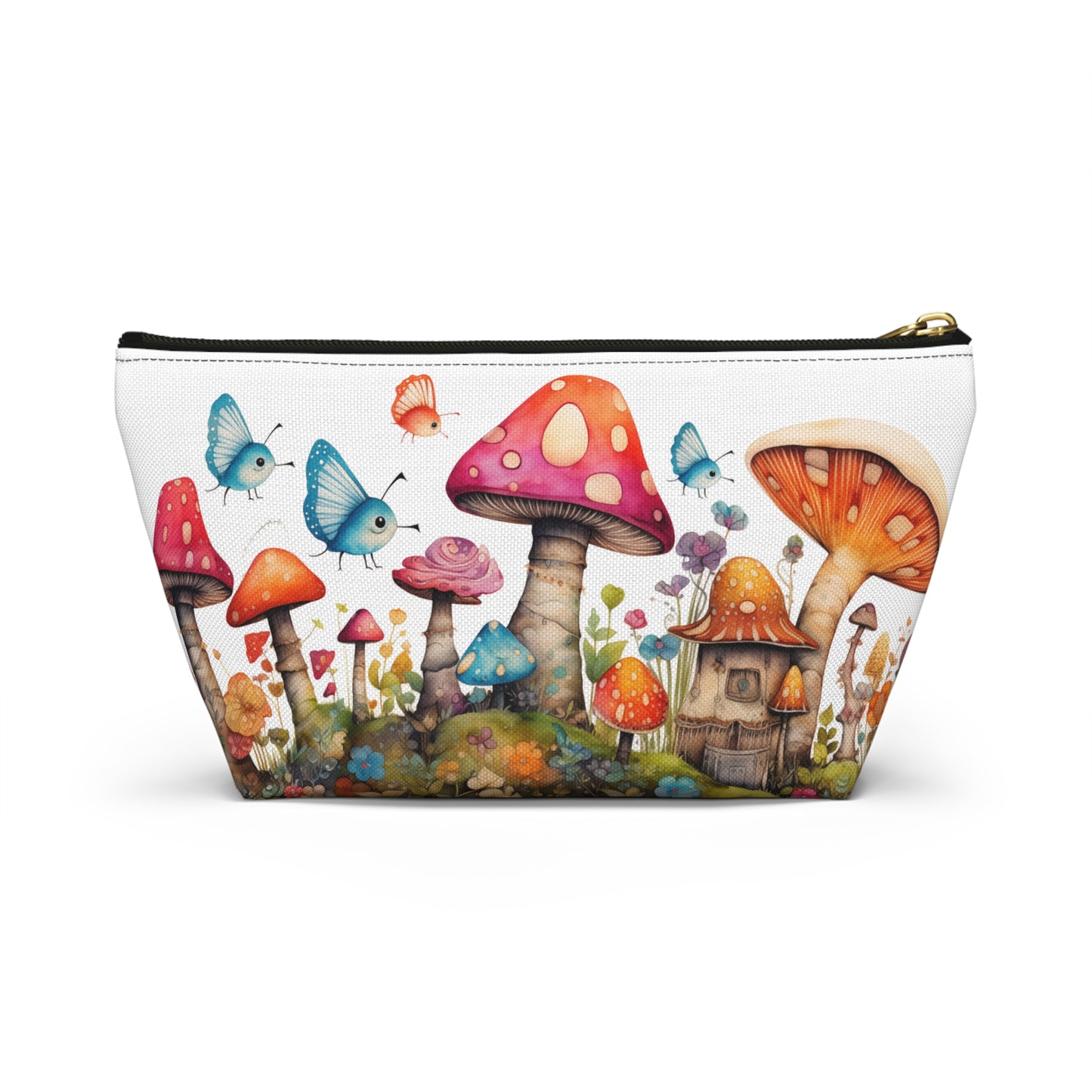 Enchanting Mushroom Cottage Adorned with Butterflies and Toadstools - Makeup & Accessory Bag 2 Sizes