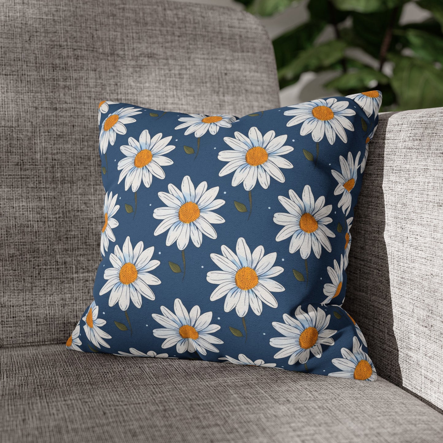 Elegant White Daisies on Navy Blue Background Spun Polyester Square Pillowcase 4 Sizes