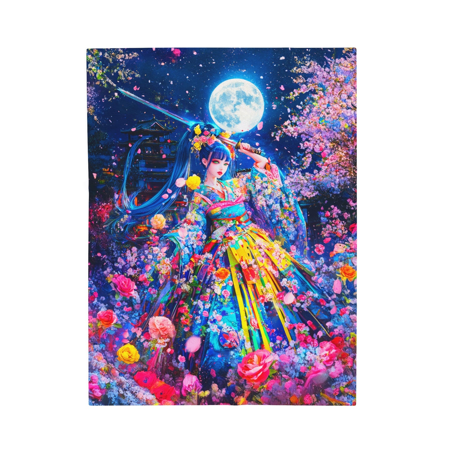 Moonlit Warrior in Enchanting Vibrant Kimono Amid Cherry Blossoms Velveteen Plush Blanket 3 Sizes