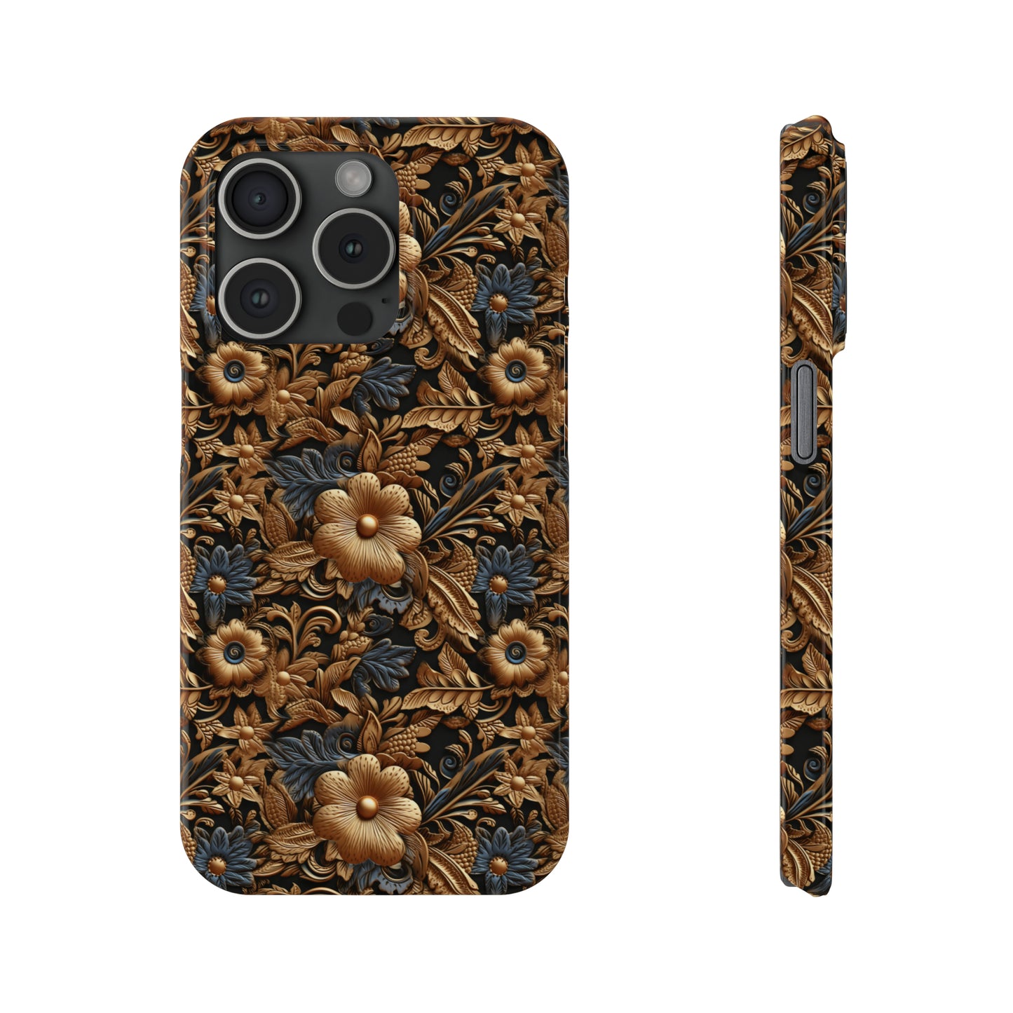 Tooled Leather Gold Flowers with Blue Leaves Accent Print Design Iphone 15-12 Slim Phone Case