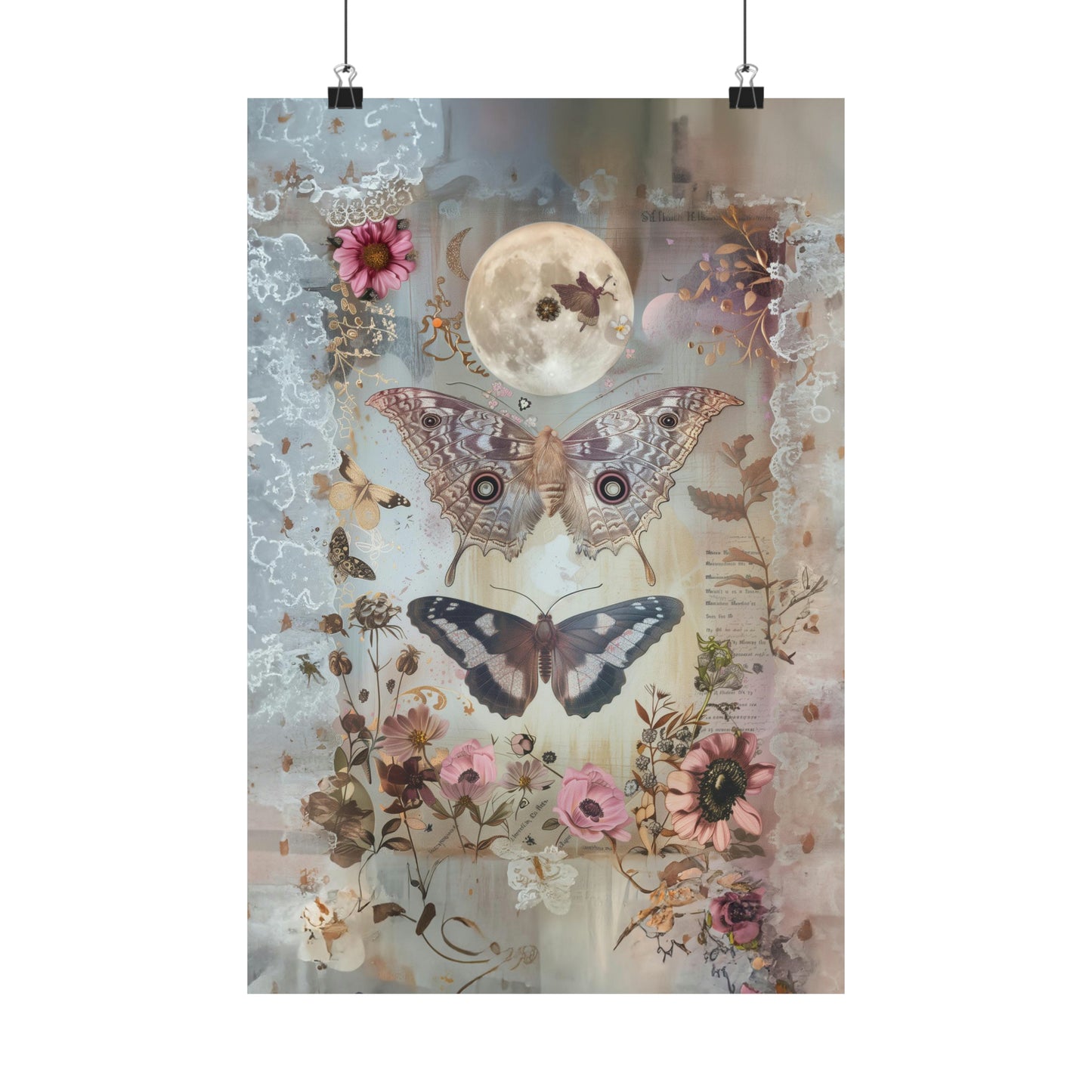 Mystical Moon with Flowers and Butterflies Print on Matte Poster - 4 Sizes