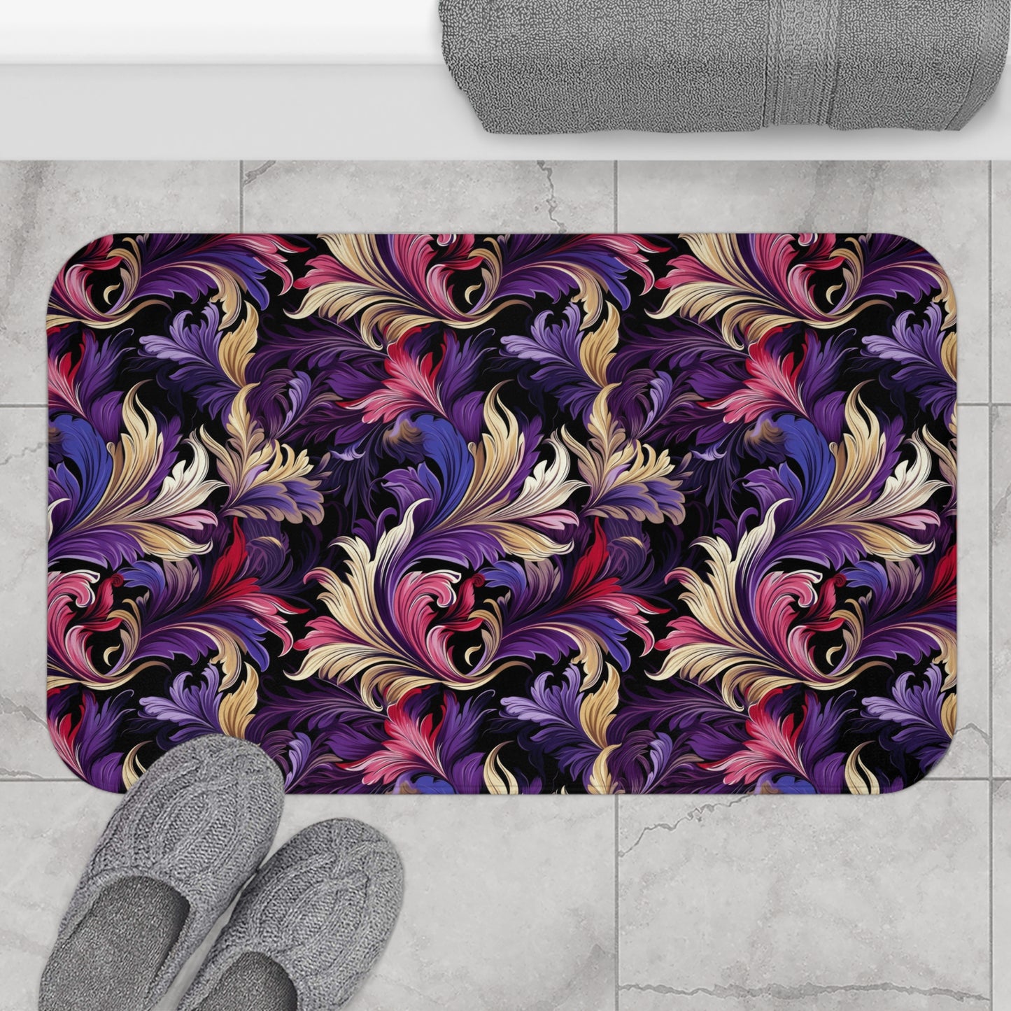 Purple, Gold & Pink Floral Swirls of Foliage Design  - Bathroom Non-Slip Mat 2 Sizes