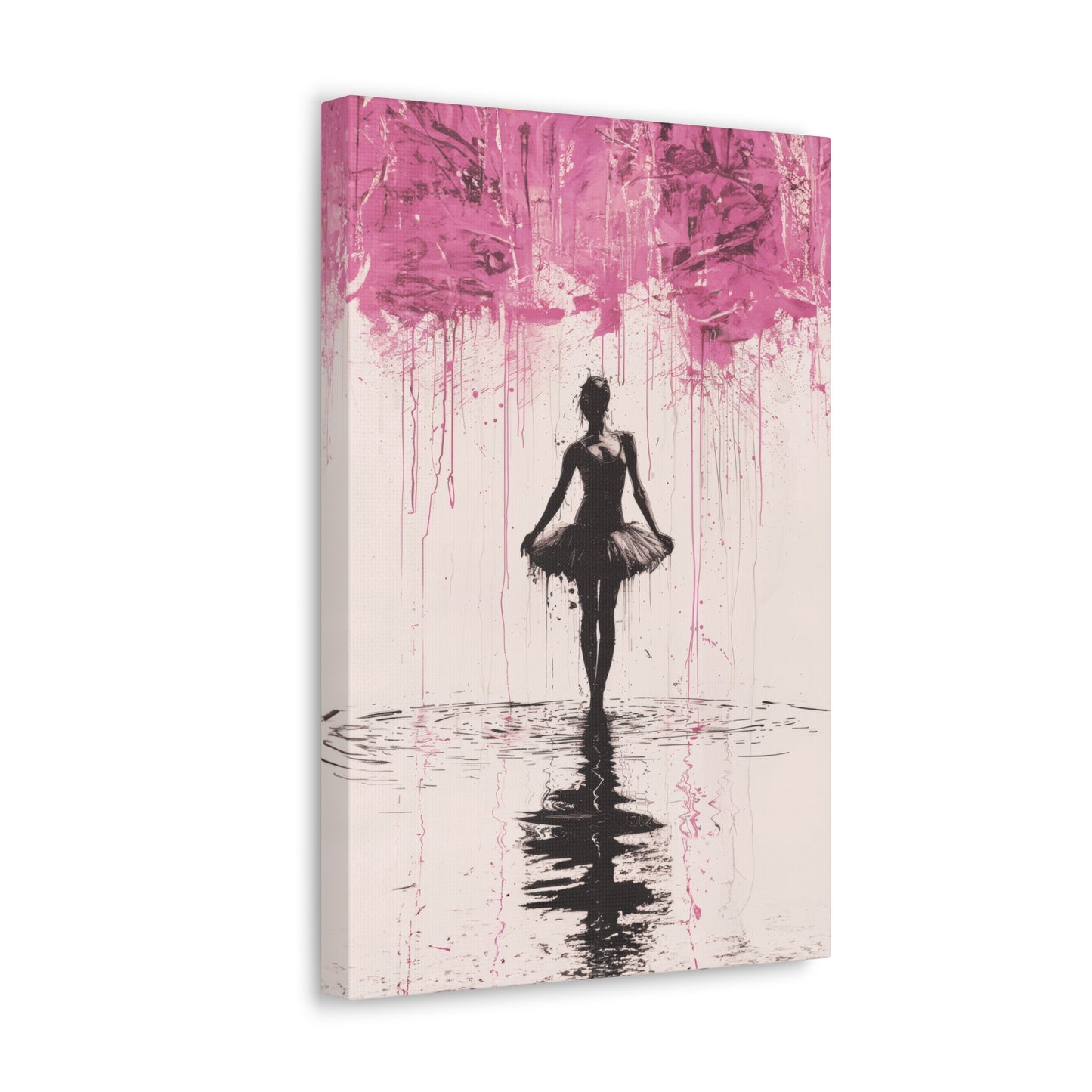 Dreamlike Reverie: Ballerina Dancing Amidst Pink Clouds and Gentle Rain Print on Canvas Gallery - 13 Sizes