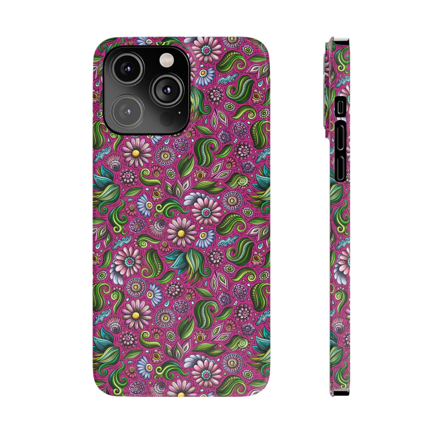 Purple & Pink Daisy Floral Print Hot Pink Background Iphone 15-12 Slim Phone Case