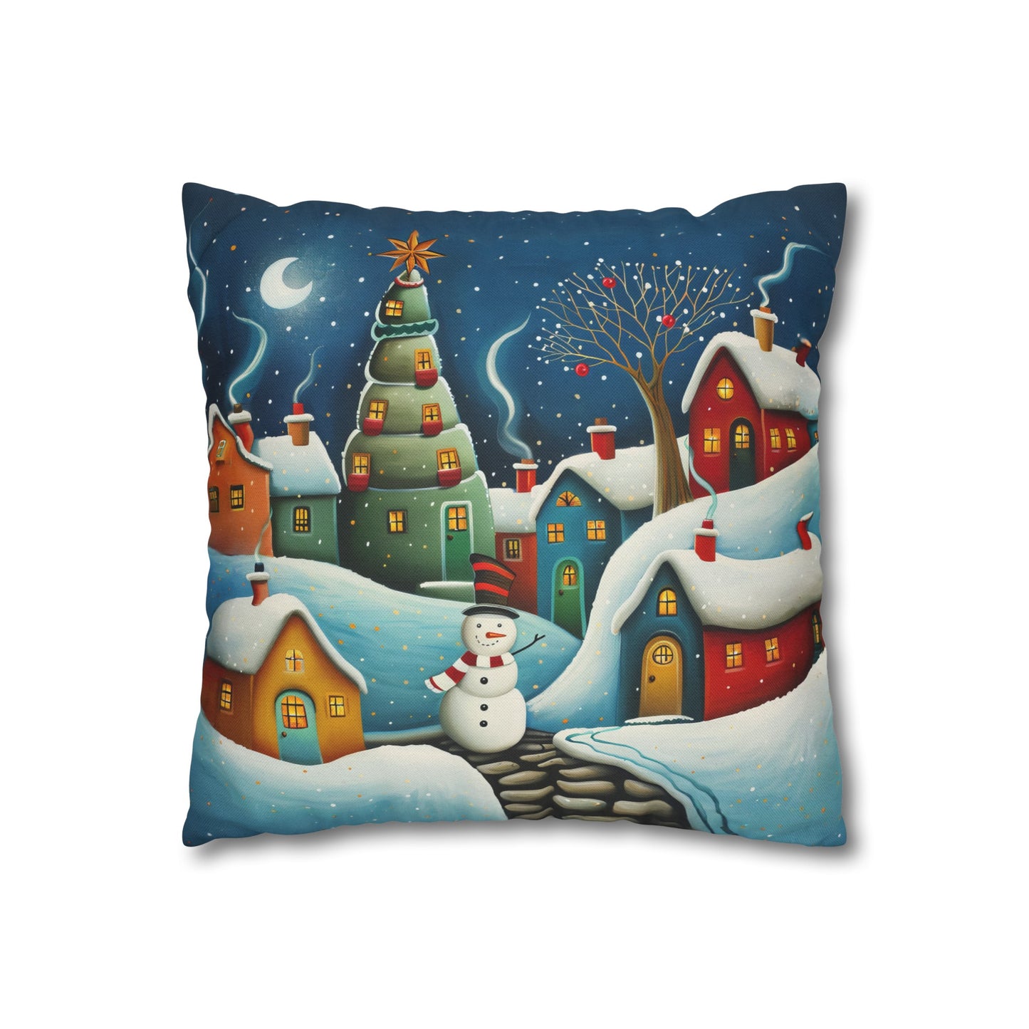 Starry Snowman Serenade: Village under a Starry Night Sky Spun Polyester Square Pillowcase 4 Sizes