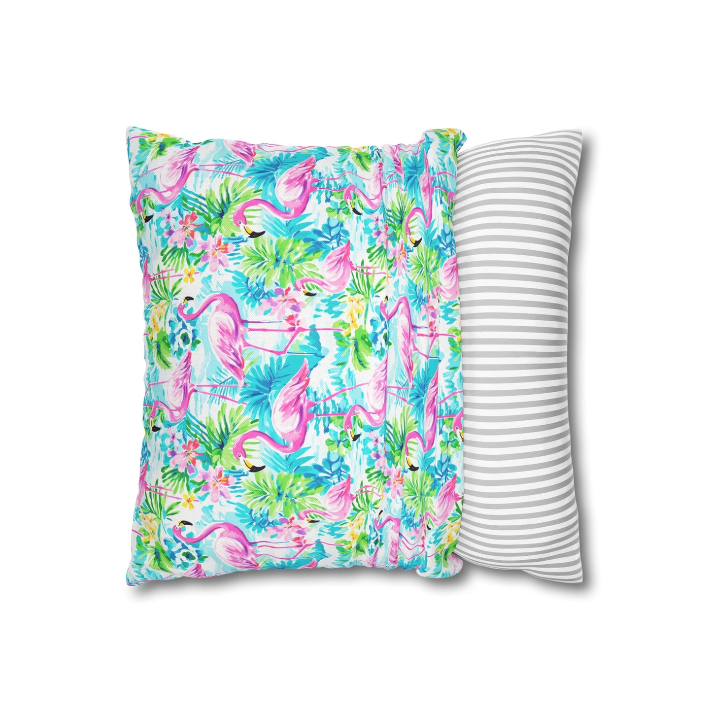 Tropical Flamingo Haven: Surrounded by Flowers and Palm Trees Spun Polyester Square Pillowcase 4 Sizes