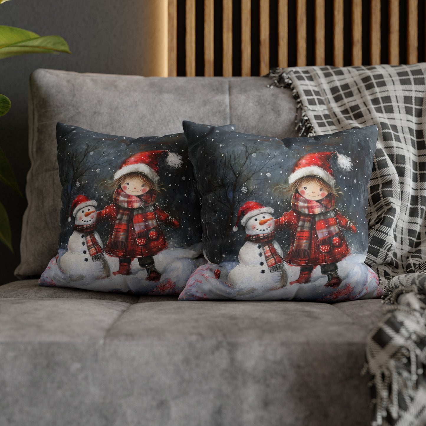 Little Girl and Snowman Sharing Winter's Wonder Spun Polyester Square Pillowcase 4 Sizes