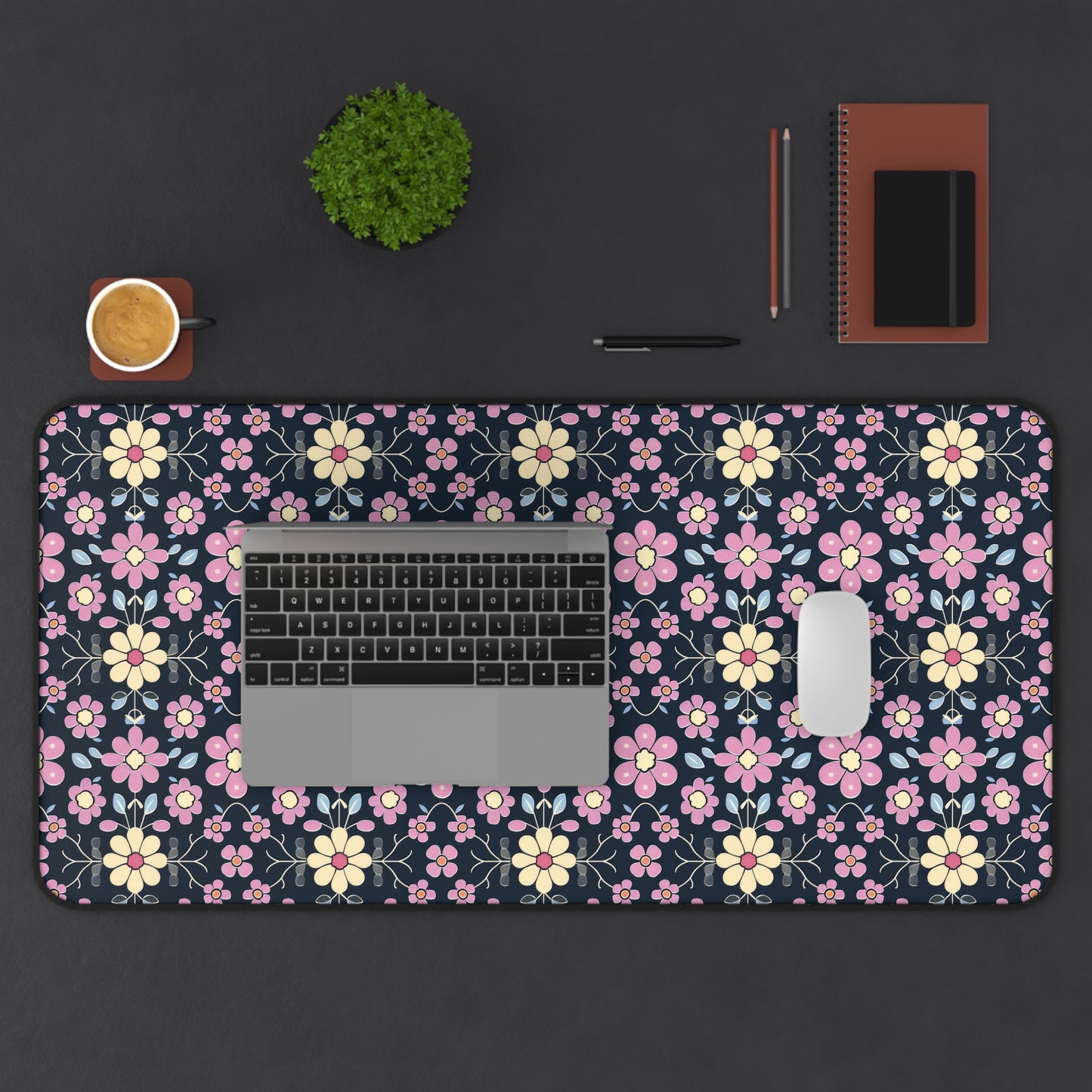 Charming Pastel Pink and Yellow Flowers on Navy Blue Background Extended Gaming Mouse Pad  Desk Mat  - 3 Sizes