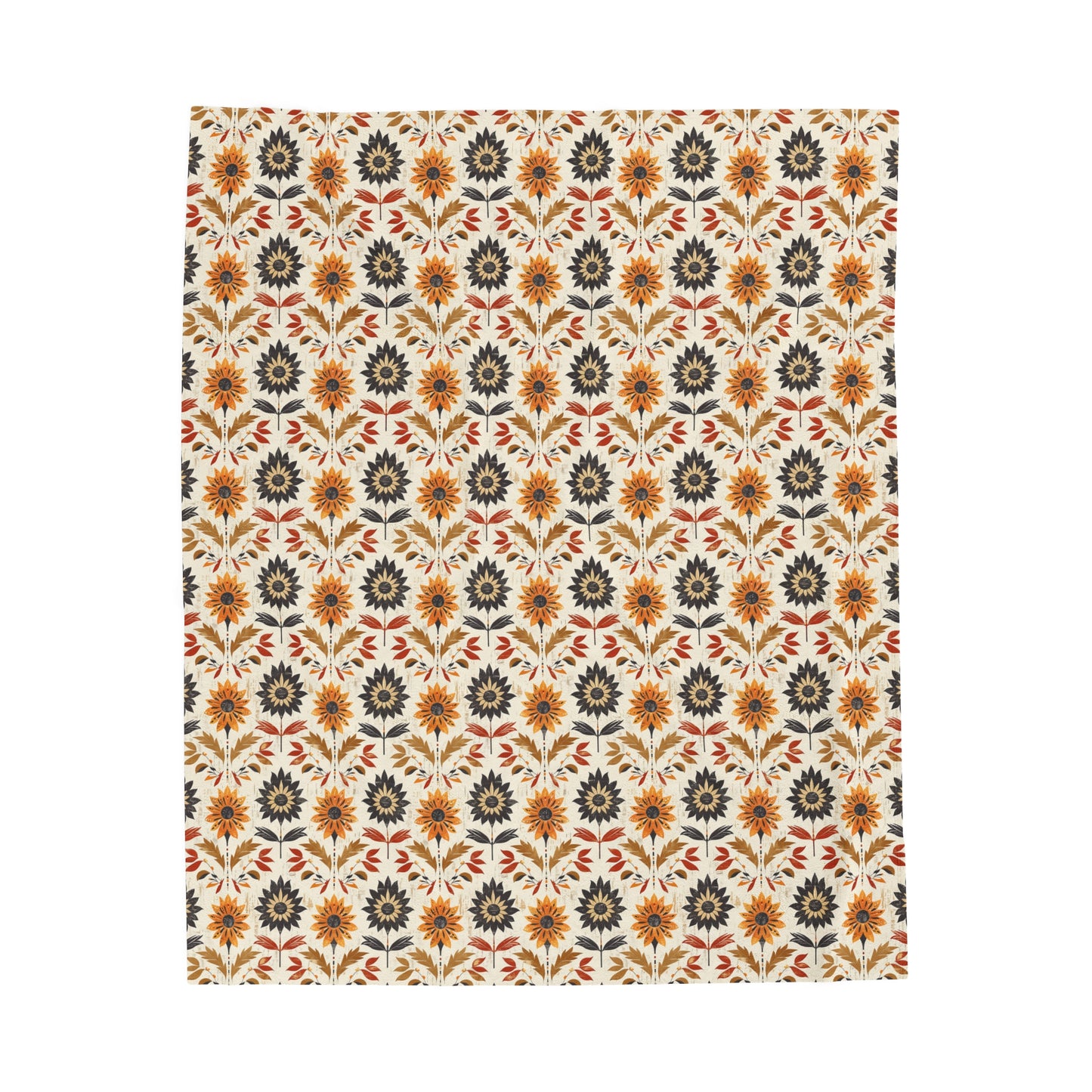 Autumn-Inspired Bohemian Floral Pattern Burnt Orange, Deep Brown and Creamy Beige Velveteen Plush Blanket 3 Sizes