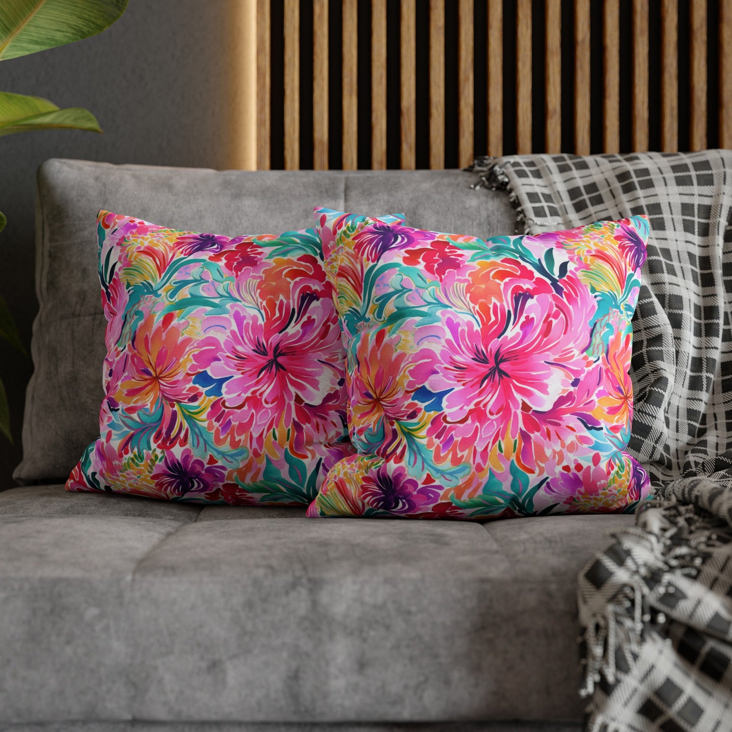 Rainbow Tropics: Watercolor Flowers in Vibrant Pink, Green and Orange Hues Spun Polyester Square Pillowcase 4 Sizes