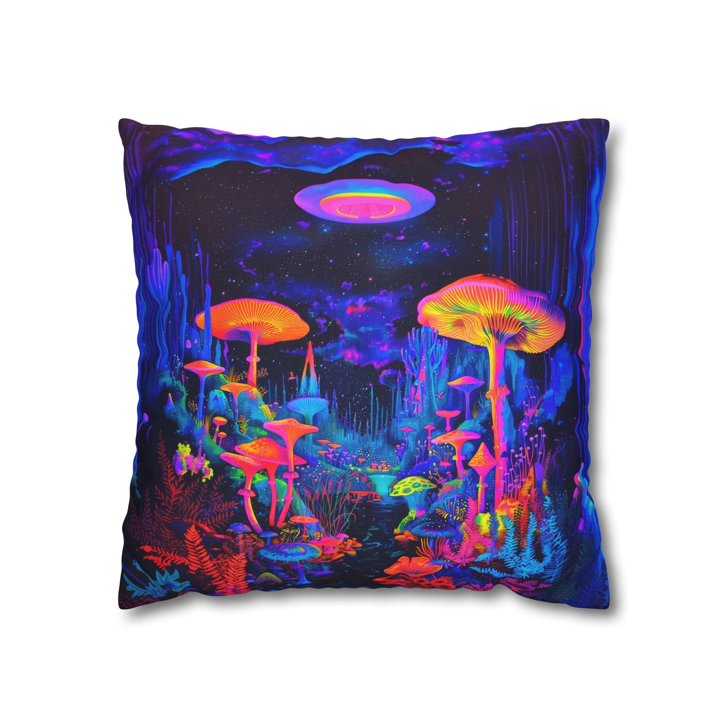 Vibrant Psychedelic Fantasy Neon Mushroom Forest Landscape Spun Polyester Square Pillowcase 4 Sizes