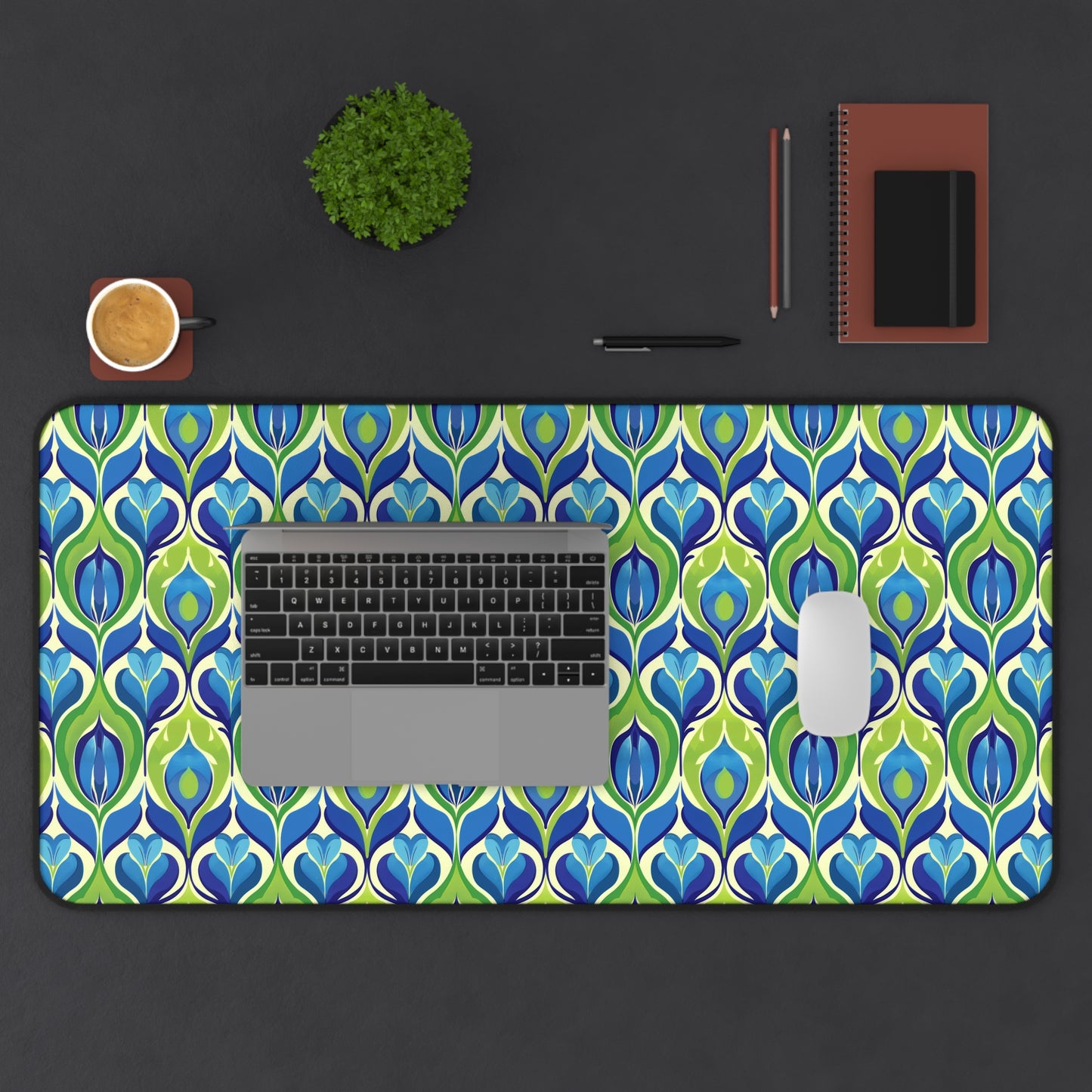 Retro Vibrant Peacock Blue and Green Floral Design Extended Gaming Mouse Pad  Desk Mat  - 3 Sizes