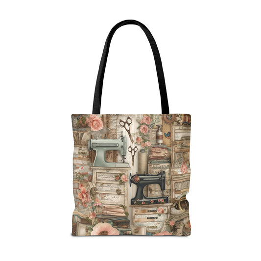 Vintage Artistry of Victorian Seamstress Sewing Machines and Flowers Canvas Tote Bag - 3 Sizes