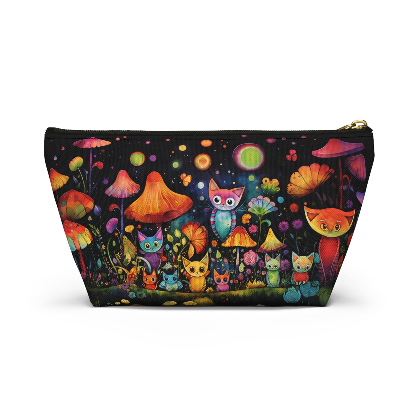 Mystical Cats Amidst a Garden of Flowers and Mushrooms, Beneath a Starry Sky - Makeup & Accessory Bag 2 Sizes