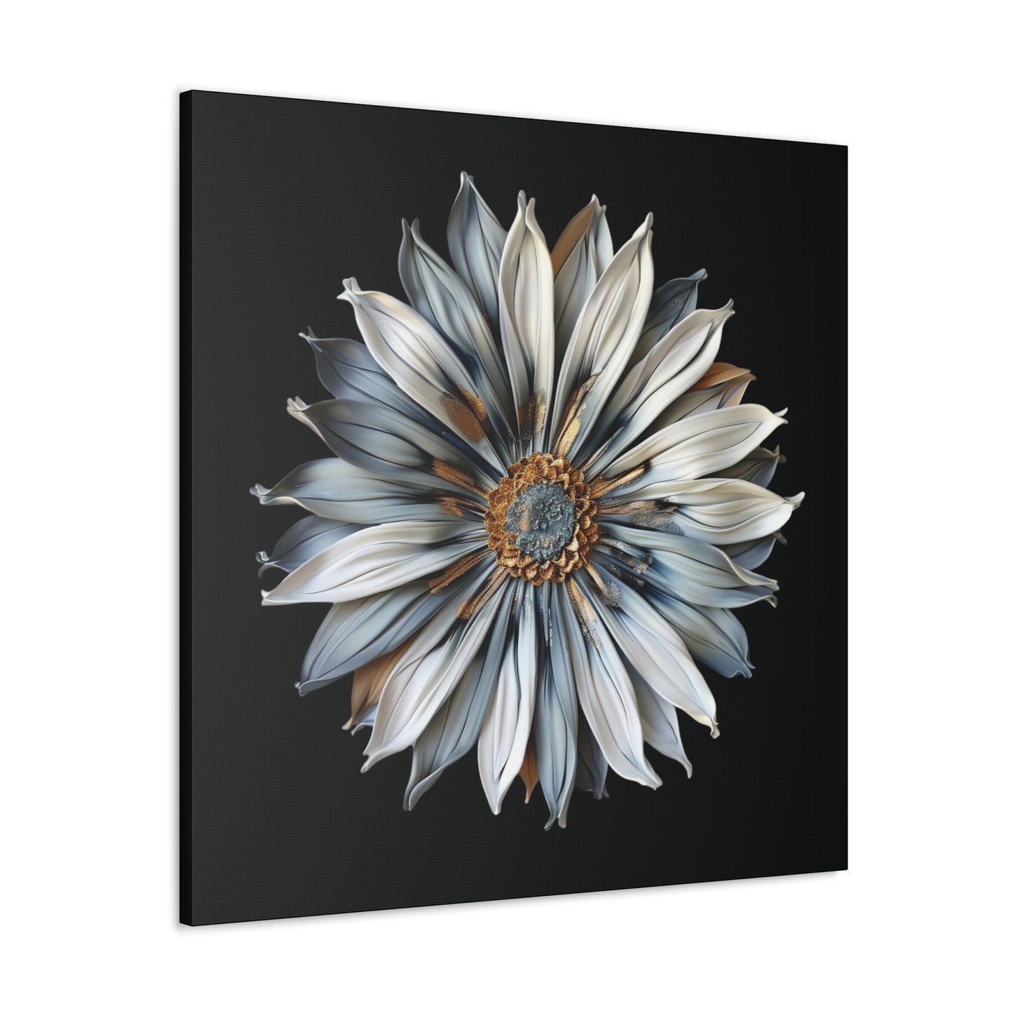 Pale Blue and Gold Sculpted Daisy on Black Background Print on Canvas Gallery Wraps  - 5 Sizes