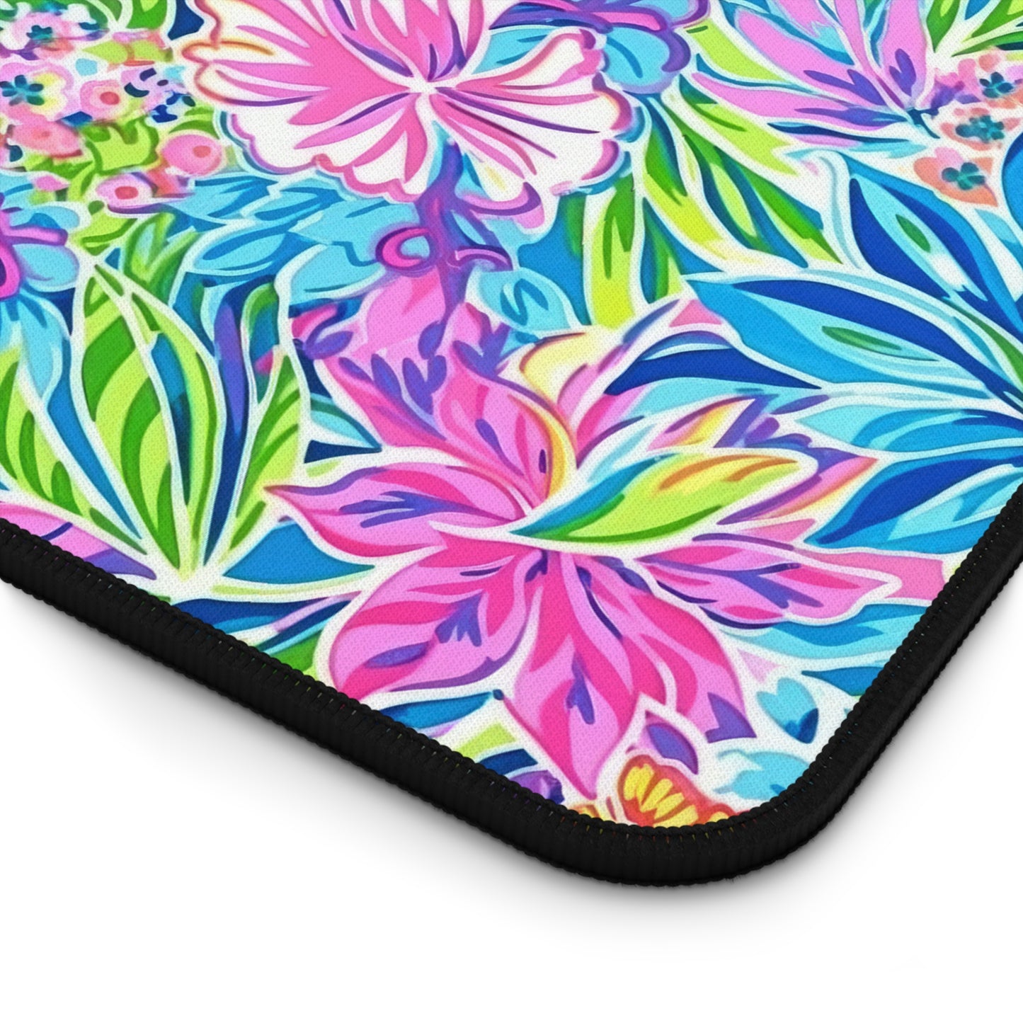 Summer Harmony: Pink and Blue Blooms with Lush Green Leaves  Desk Mat Extended Gaming Mouse Pad - 3 Sizes