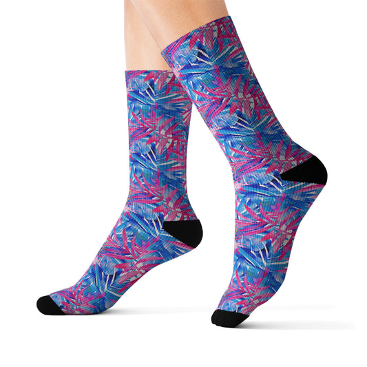 Tropical Harmony Blue and Dark Pink Palm Tree Leaves Ribbed Crew Socks