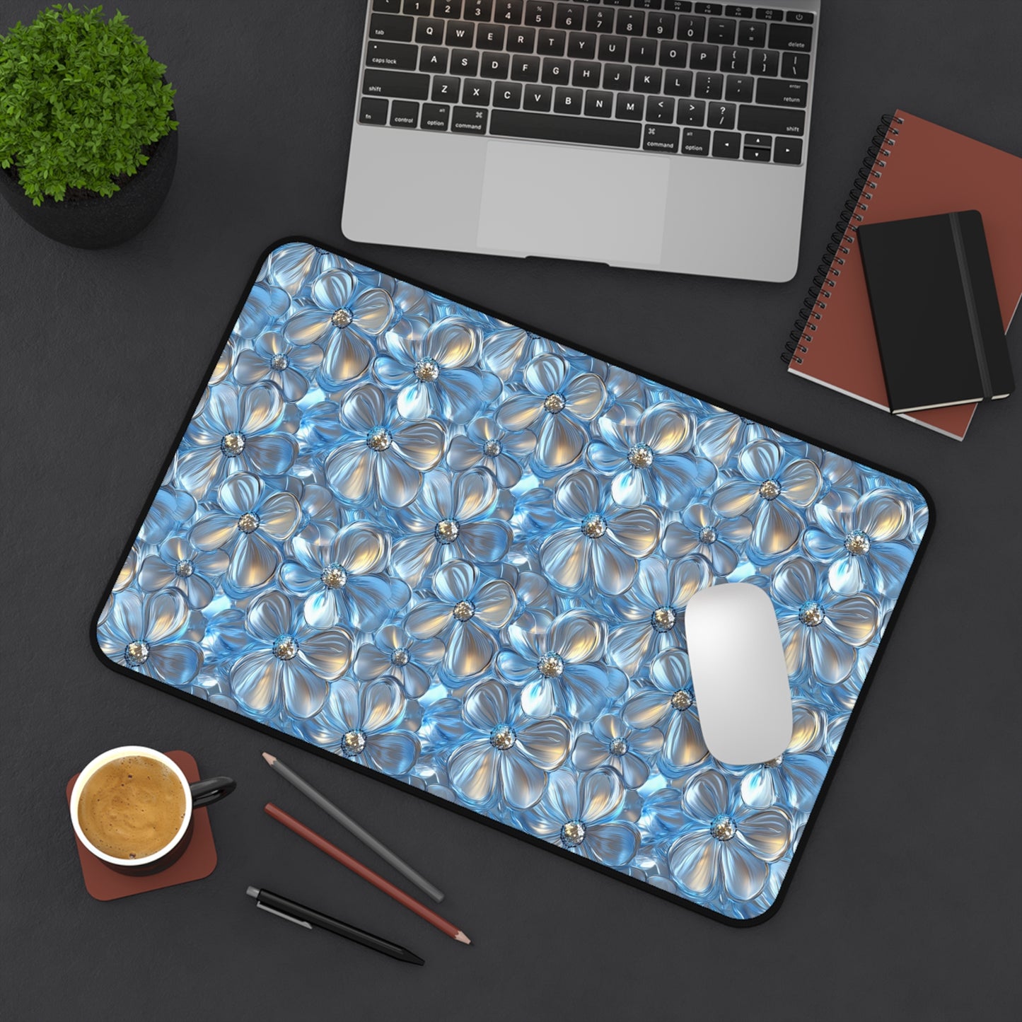 3D Silver Daisies Deskmat , Spring Flowers Desk Decoration, Floral Large Mousepad, Gaming Desk Mat, Desktop Accessory