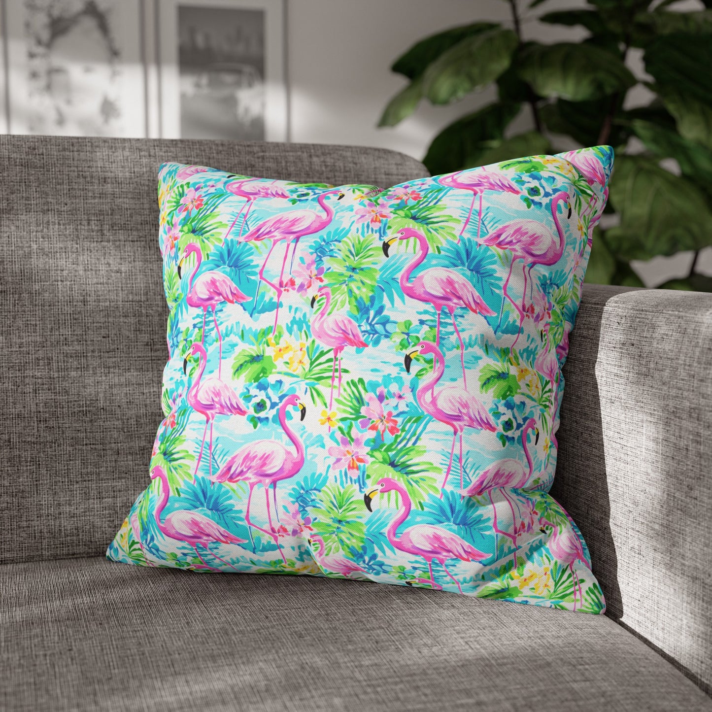 Tropical Flamingo Haven: Surrounded by Flowers and Palm Trees Spun Polyester Square Pillowcase 4 Sizes