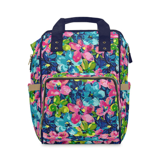 Dusk Blossoms: Moody Pink, Blue, and Yellow Watercolor Flowers Multifunctional Diaper Backpack