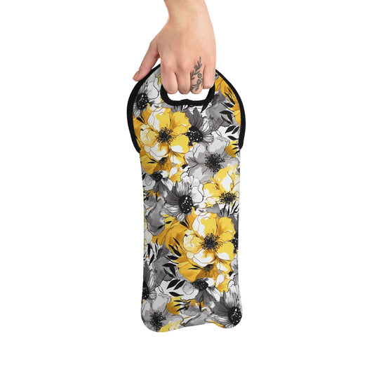 Soothing Radiance: Large Yellow and Grey Watercolor Flower Design Wine Tote