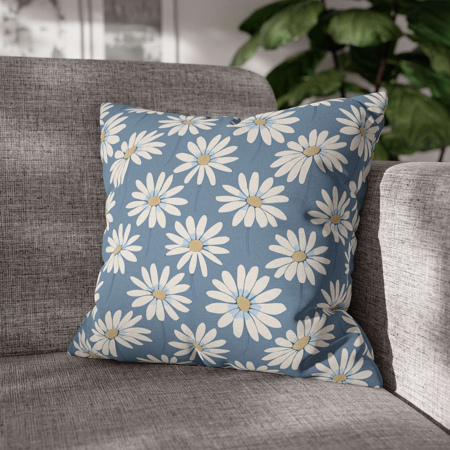 Charming White Daisies on a Soft Blue BackgroundSpun Polyester Square Pillowcase 4 Sizes