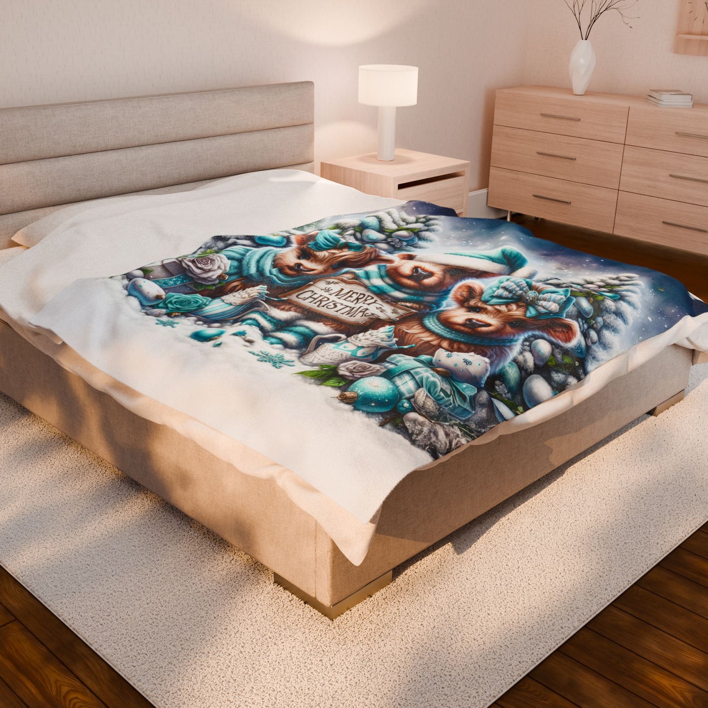 Baby Highland Cows Teal Merry Christmas Velveteen Plush Blanket 3 Sizes