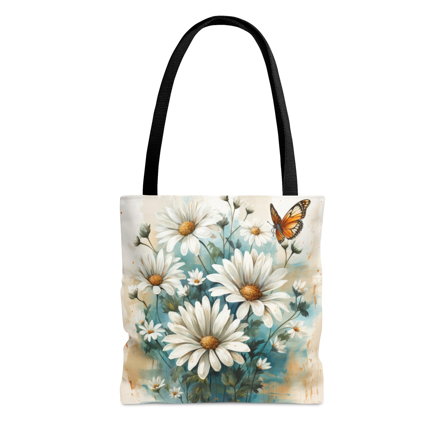 Rustic Farmhouse Teal and White Wild Daisies and Butterflies - Canvas Tote 3 Sizes