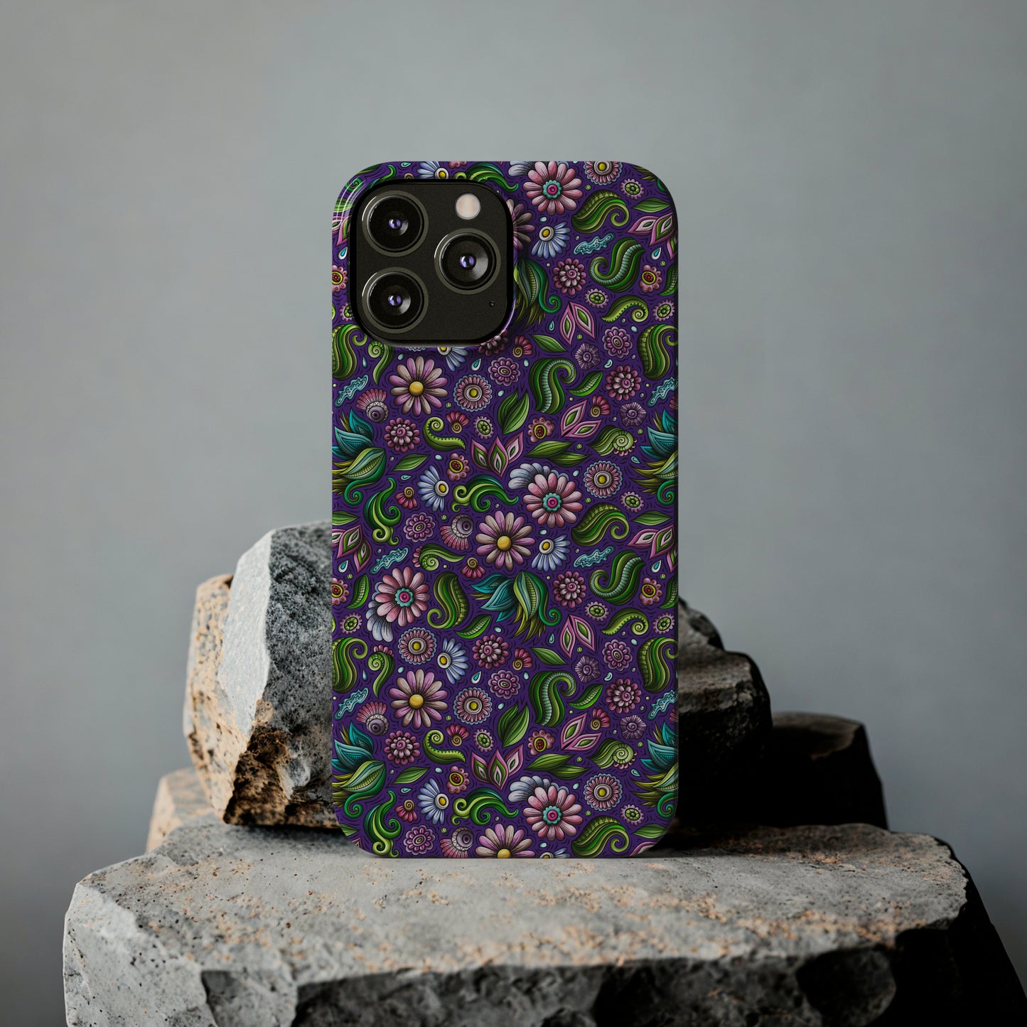 Purple & Pink Daisy Floral Print Purple Background Iphone 15-12 Slim Phone Case