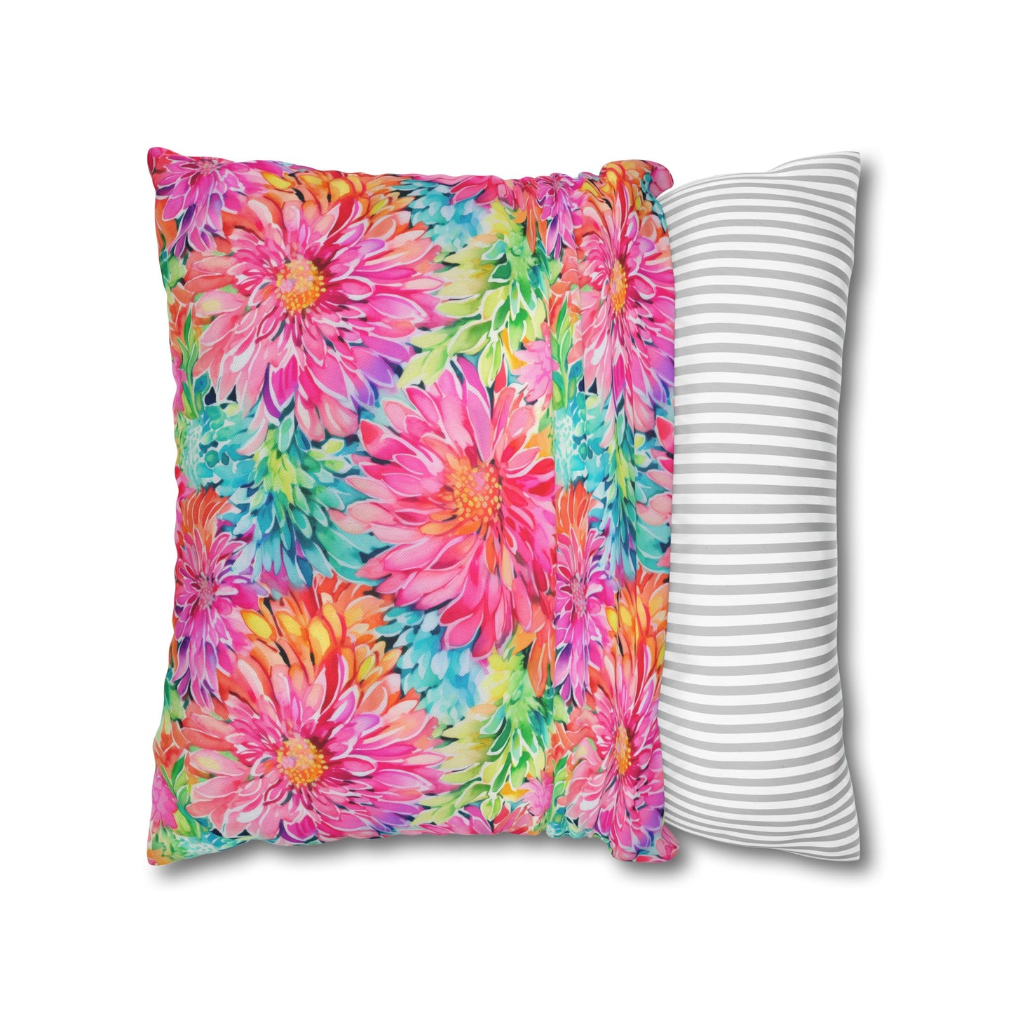 Blooming Spectrum: Large Vibrant Watercolor Flowers in Full Bloom Spun Polyester Square Pillowcase 4 Sizes