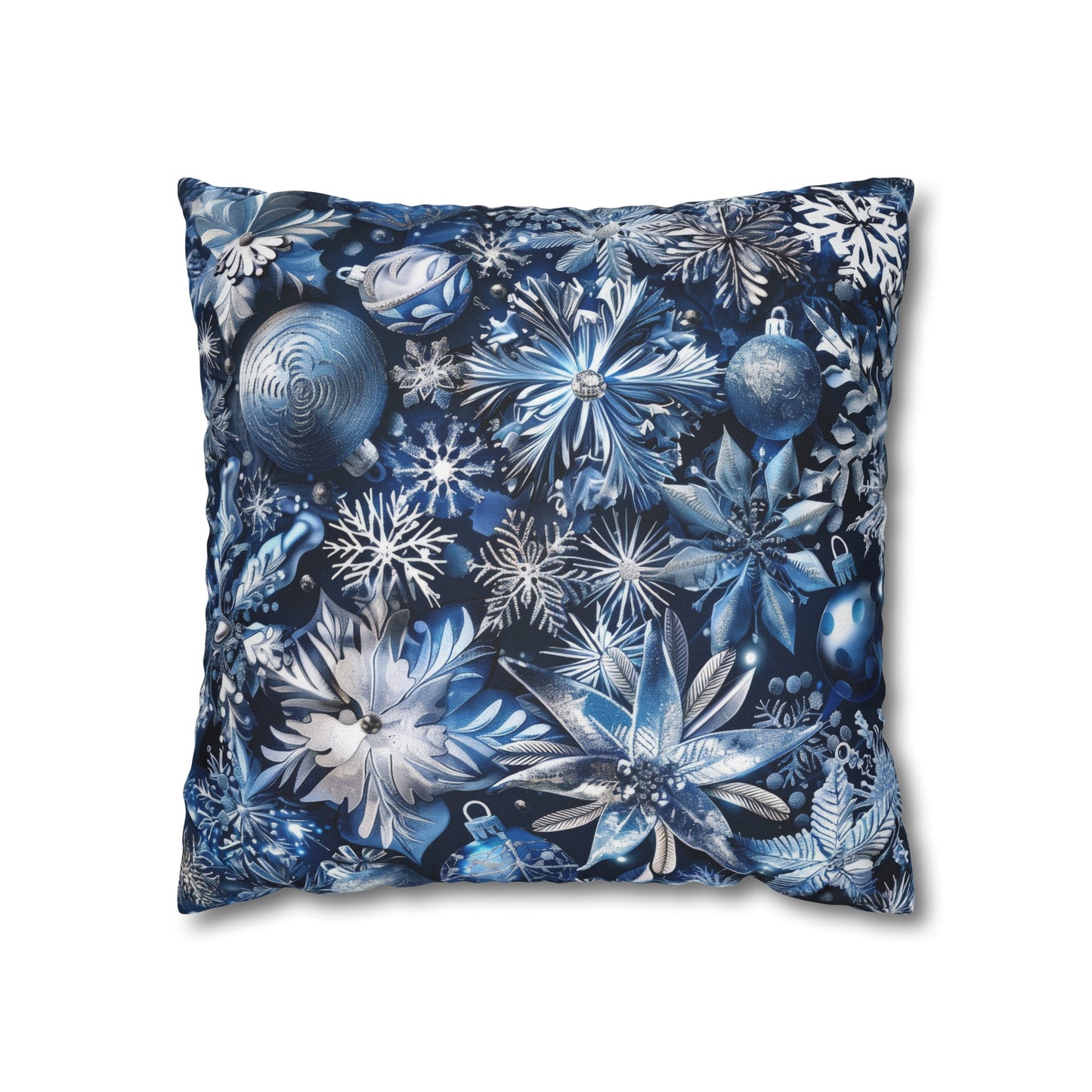 Winter Wonderland Festive Blue and Silver Snowflakes and Ornaments Spun Polyester Square Pillowcase 4 Sizes