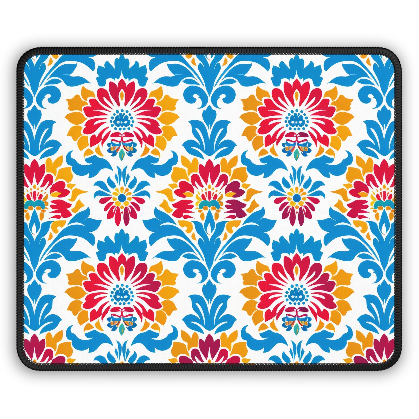 Bright Bouquet of Whimsy in Lively Hues of Red and Blue Flowers with Yellow Accents Gaming Mouse Pad with Finished Edges