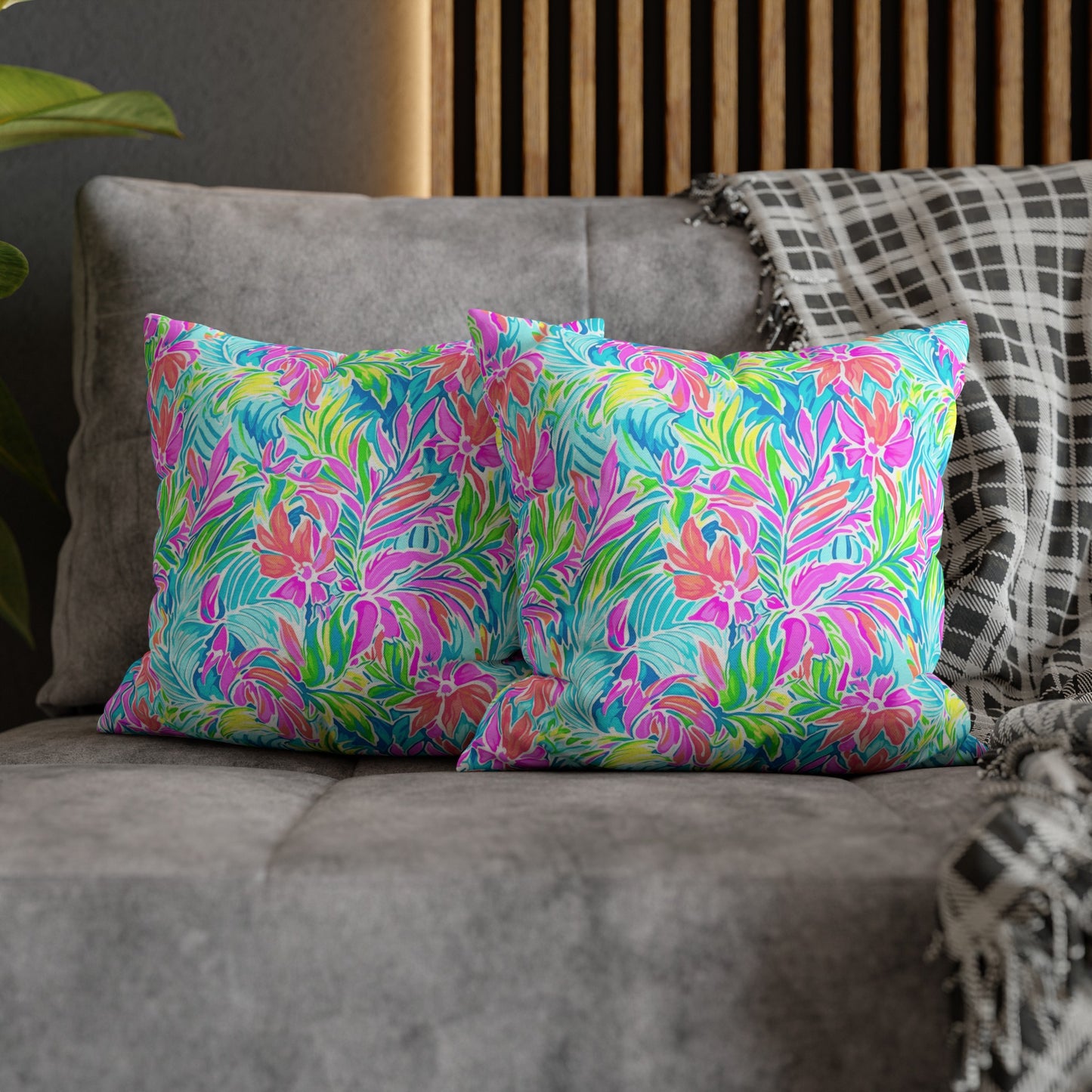 Neon Tropics: Vibrant Rainbow Flowers and Palm Leaves in Electric Splendor Spun Polyester Square Pillowcase 4 Sizes