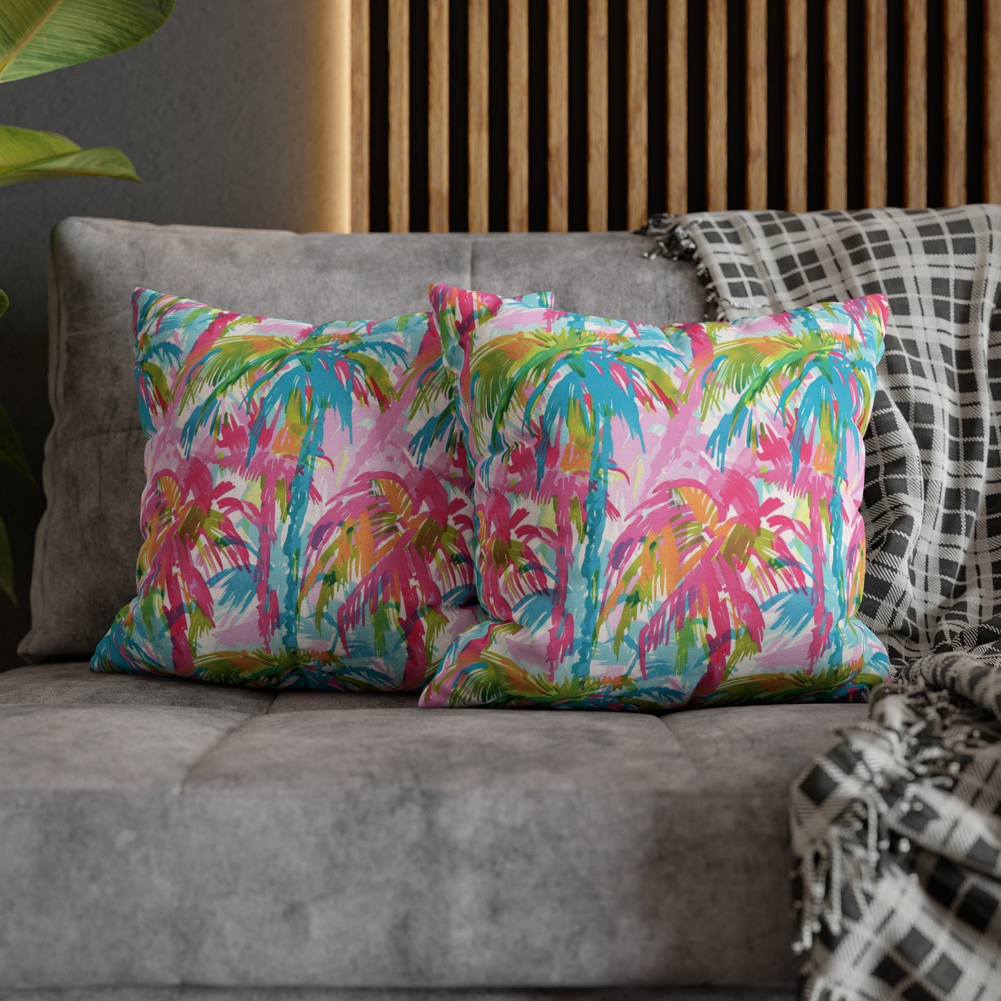 Pastel Paradise: Palm Trees in Soft Blues, Pinks, and Greens Spun Polyester Square Pillowcase 4 Sizes