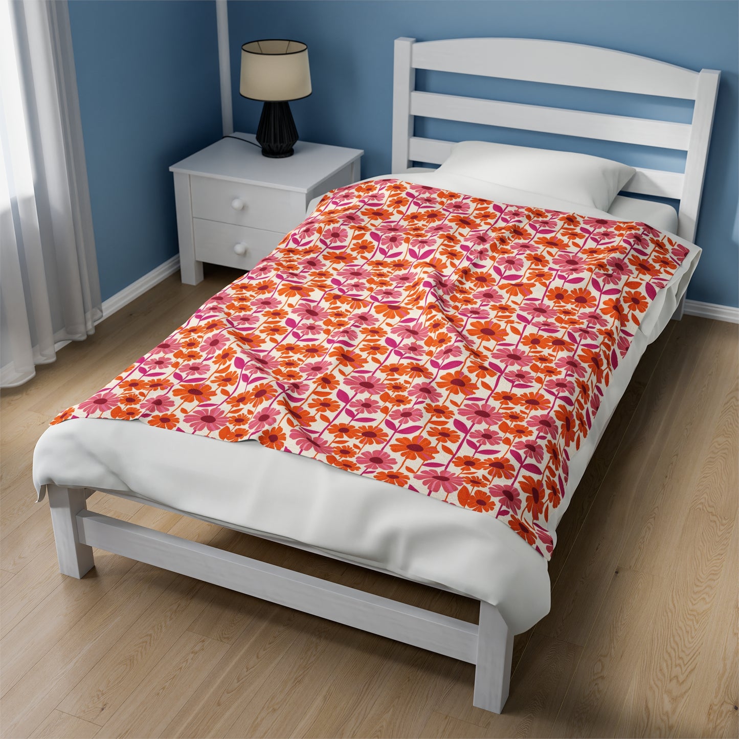 Retro Floral Bliss with Bold Pink and Orange Flower Design Velveteen Plush Blanket 3 Sizes