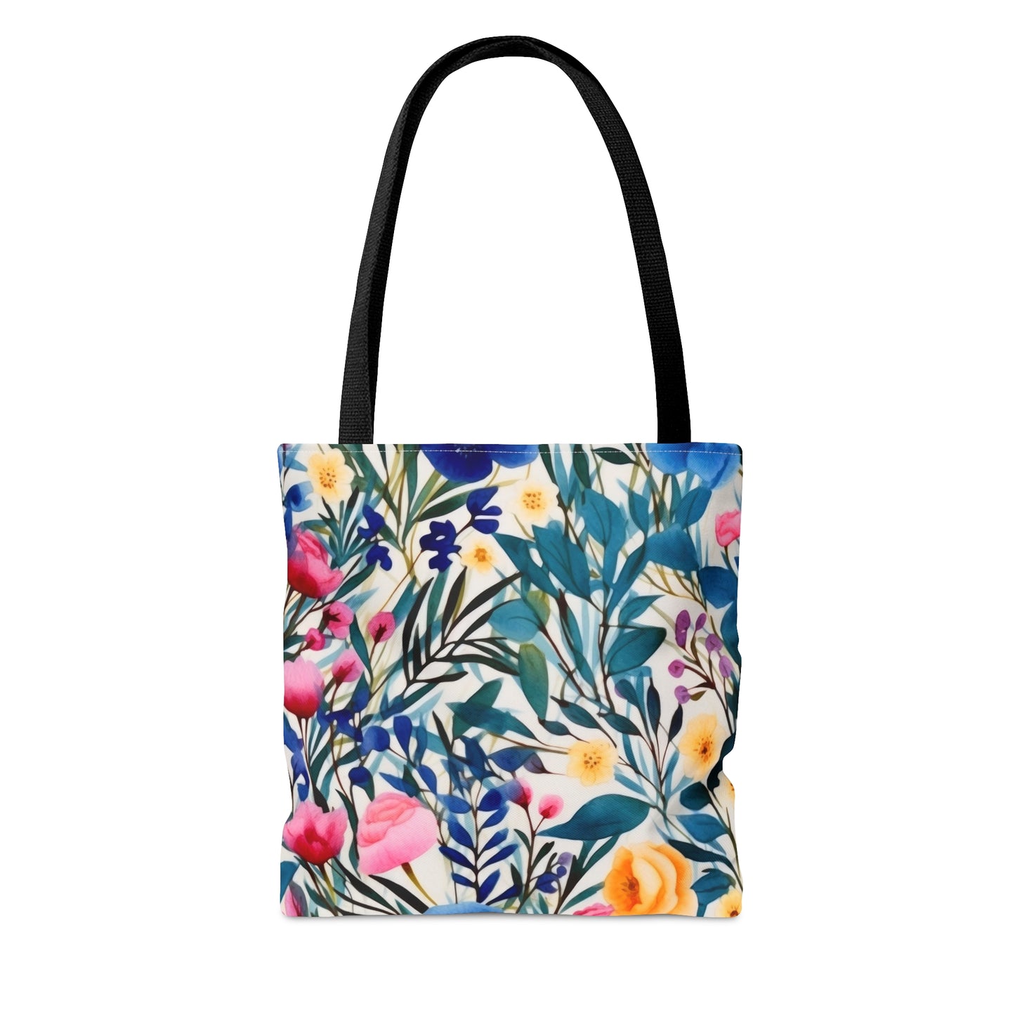 Blooming Brilliance: Large Watercolor Floral Design in Blue, Yellow, and Pink  - Canvas Tote 3 Sizes