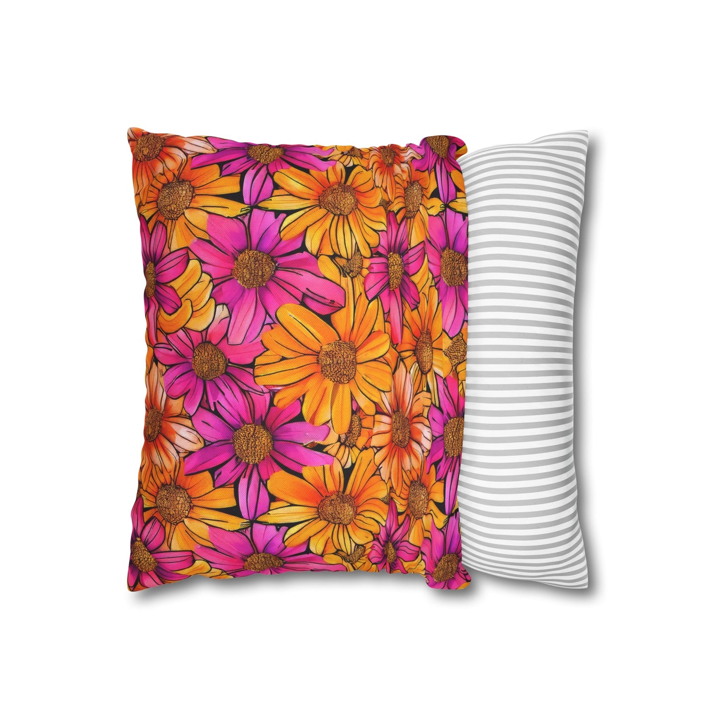 Vibrant Daisy Delight with Bold Orange and Pink Spun Polyester Square Pillowcase 4 Sizes