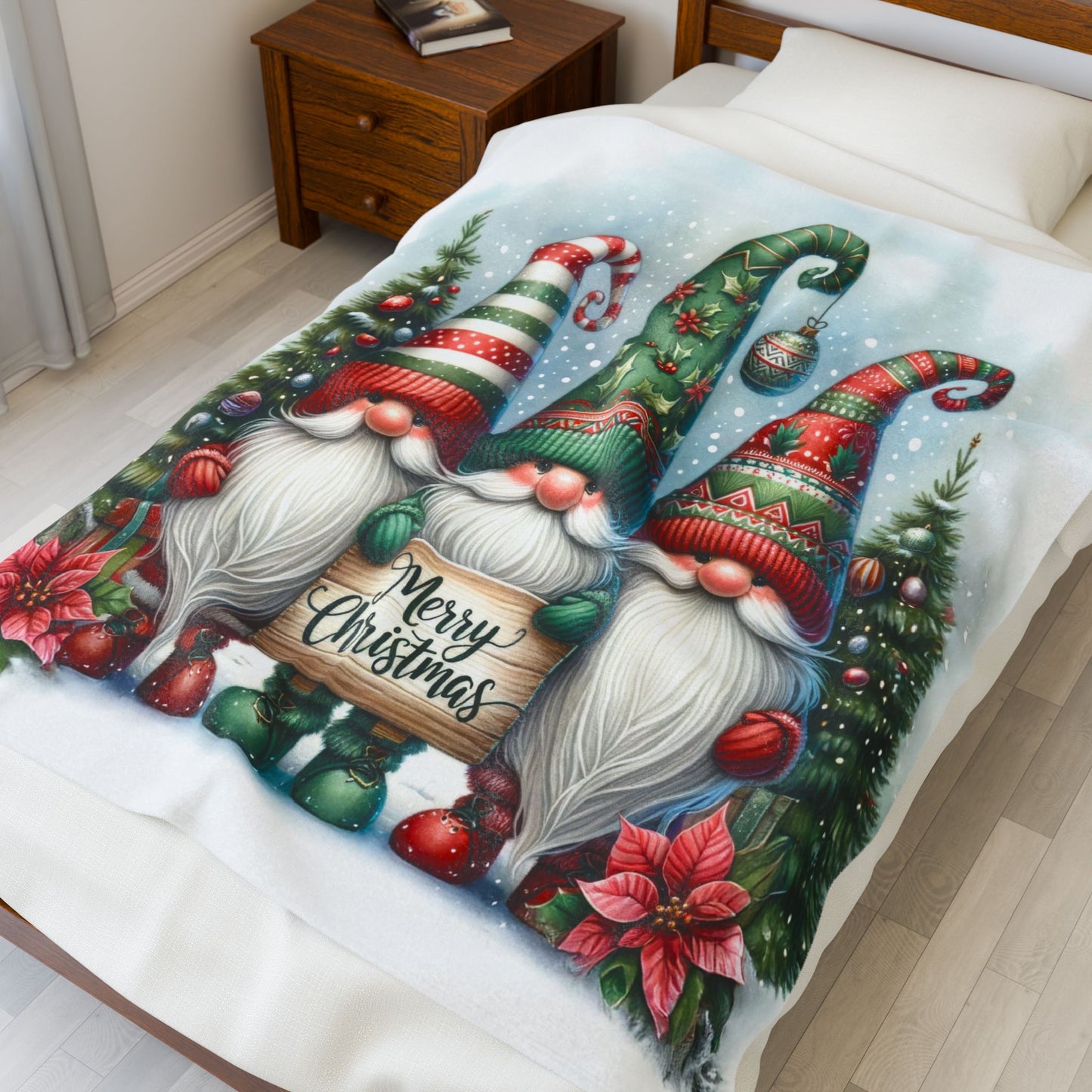 Gnomes Merry Christmas Velveteen Plush Blanket 3 Sizes