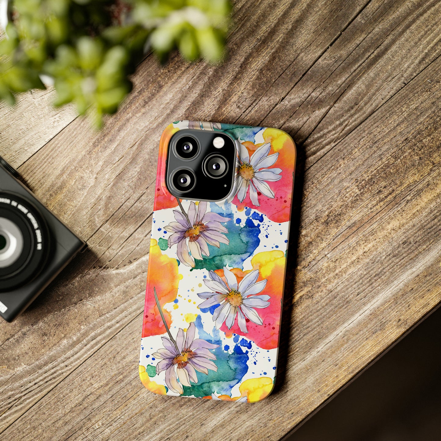 Large Colorful Watercolor Daisy Design Iphone 15-12 Slim Phone Case