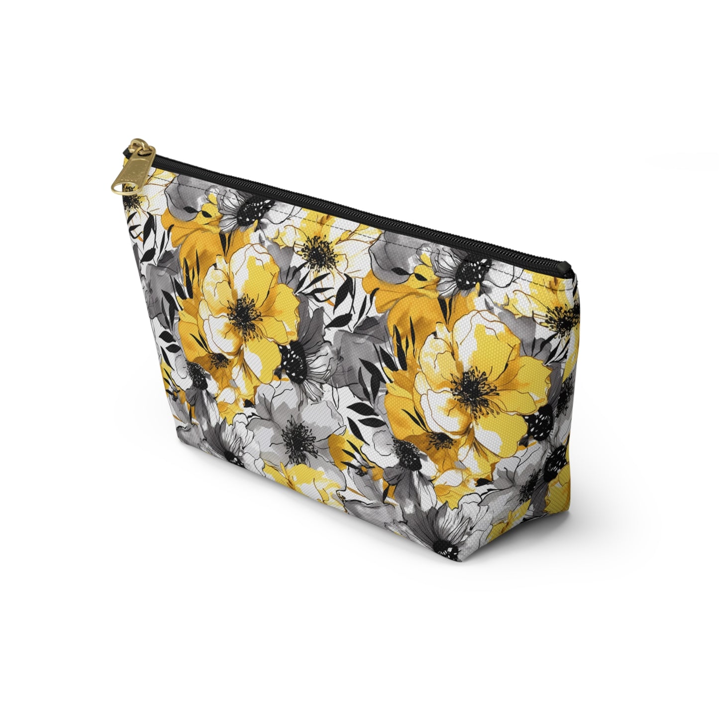 Soothing Radiance: Large Yellow and Grey Watercolor Flower Design - Makeup & Accessory Bag 2 Sizes