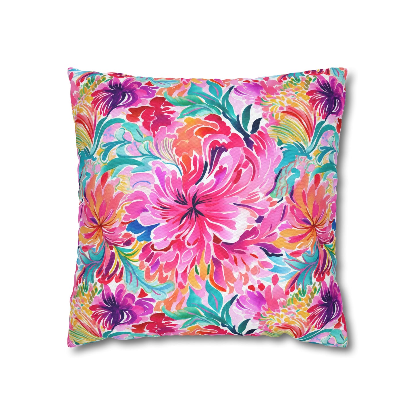 Rainbow Tropics: Watercolor Flowers in Vibrant Pink, Green and Orange Hues Spun Polyester Square Pillowcase 4 Sizes