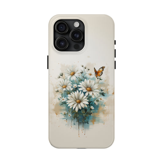 Rustic Farmhouse Teal and White Wild Daisies and Butterflies Iphone Tough Phone Case