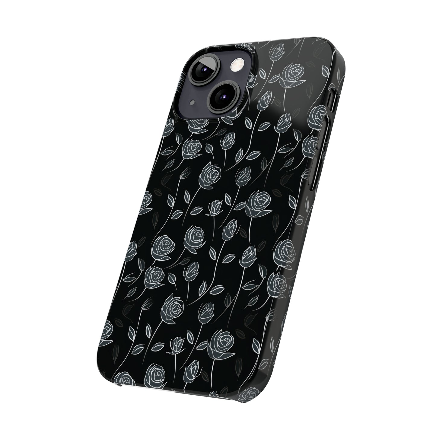 Contrasting Elegance: White Outlined Roses on a Black Background Iphone 15-12 Slim Phone Case