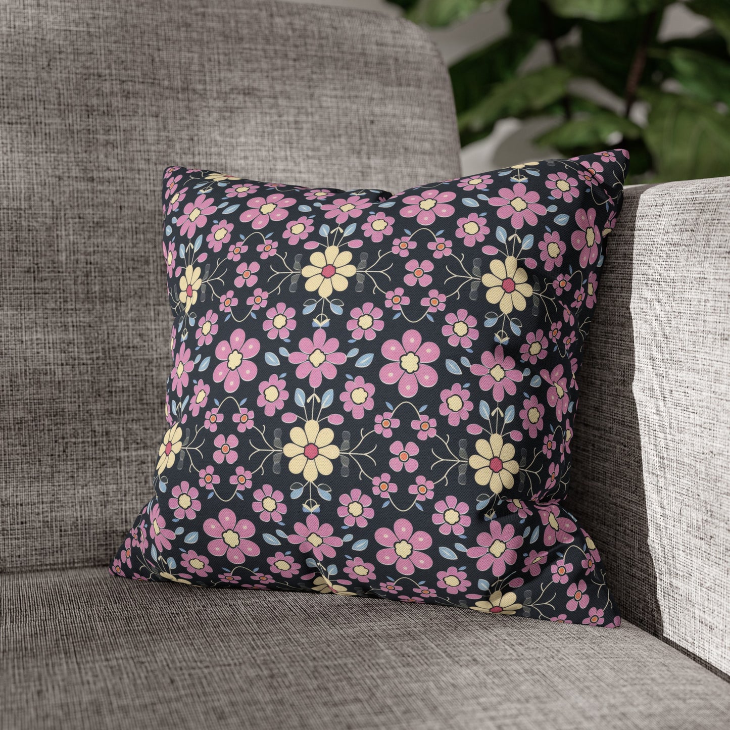 Charming Pastel Pink and Yellow Flowers on Navy Blue Background Spun Polyester Square Pillowcase 4 Sizes