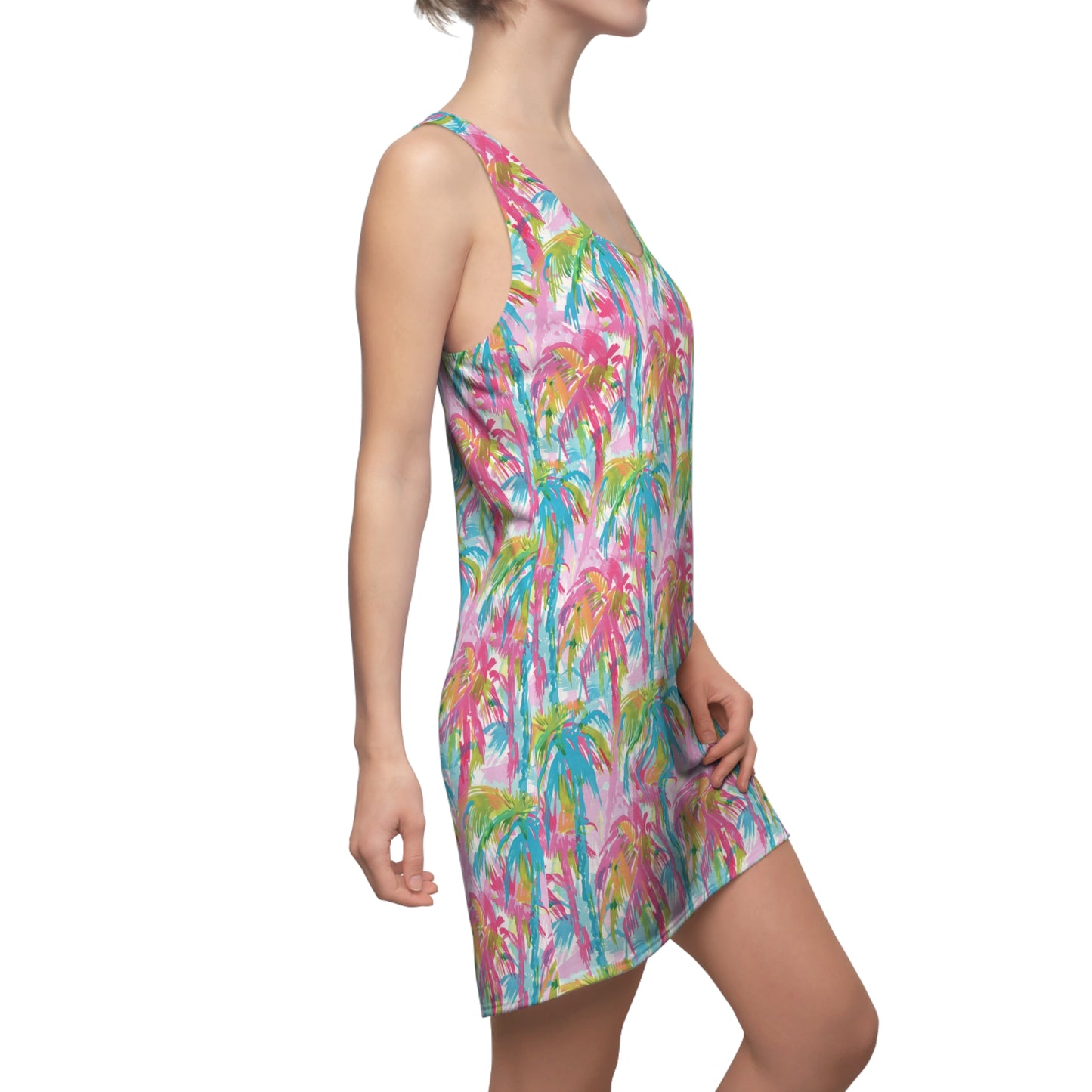 Pastel Paradise: Palm Trees in Soft Blues, Pinks, and Greens Women's Racerback Dress XS - 2XL