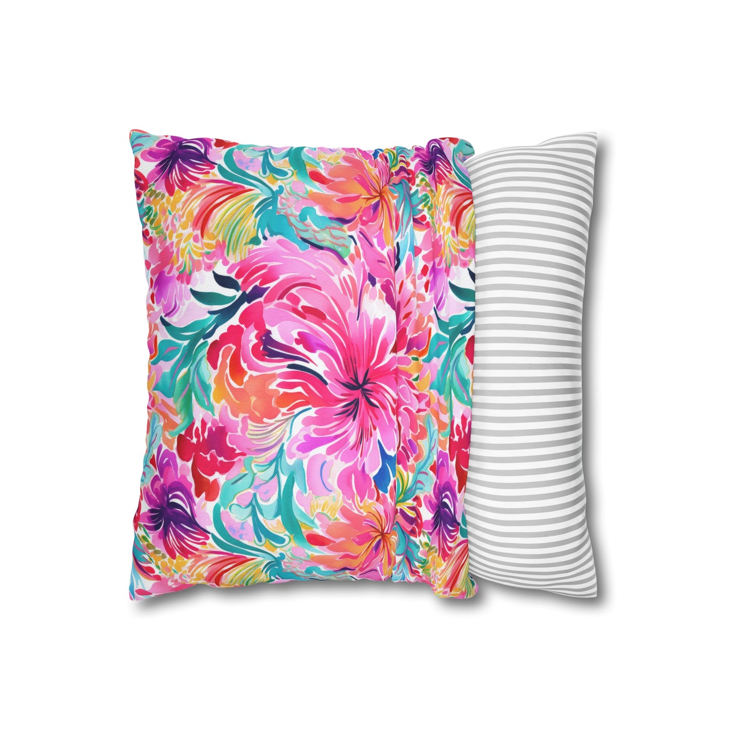 Rainbow Tropics: Watercolor Flowers in Vibrant Pink, Green and Orange Hues Spun Polyester Square Pillowcase 4 Sizes